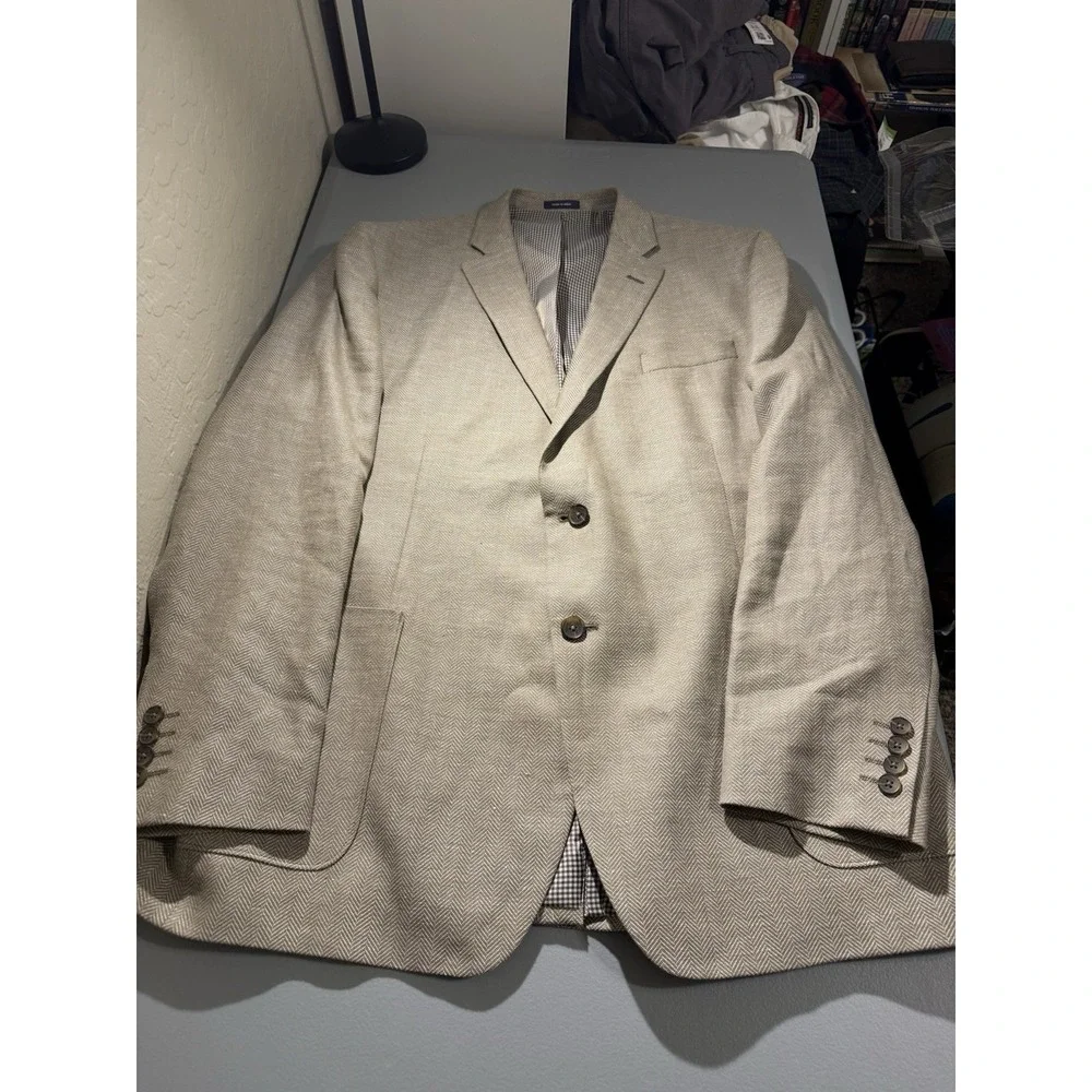 Stafford Sport Coat Blazer‎ 46R Slim Fit Beige Herringbone Linen Wool Blend
